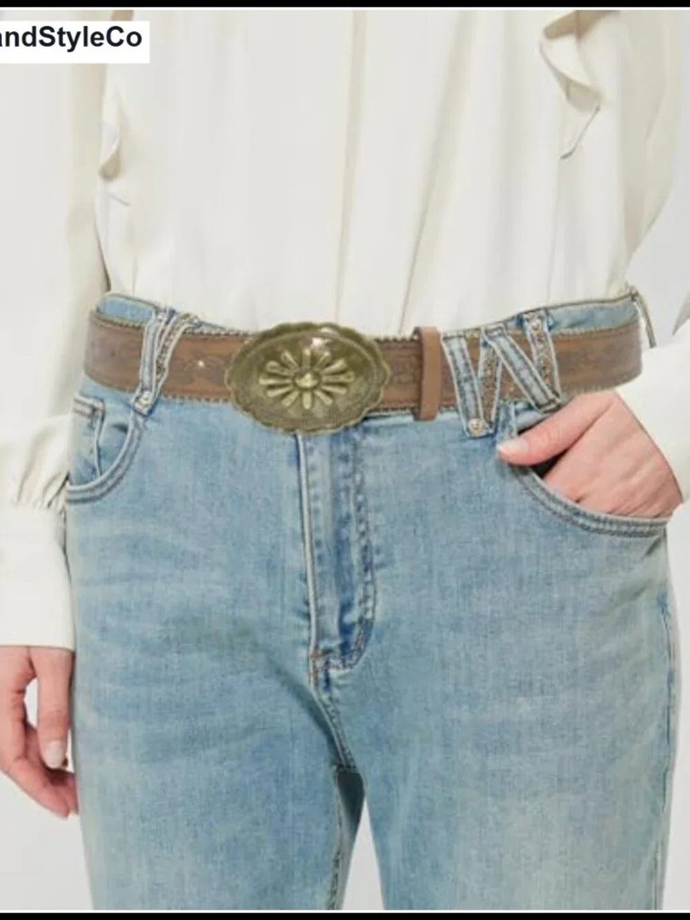 Western Belt for Women Cowgirl Faux Leather Floral Embossed Concho Buckle Belt